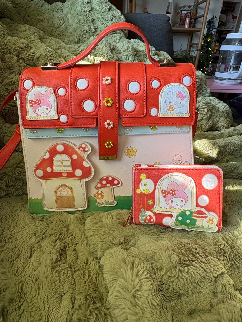 Hello Kitty/Sanrio mushroom cottage crossbody and wallet